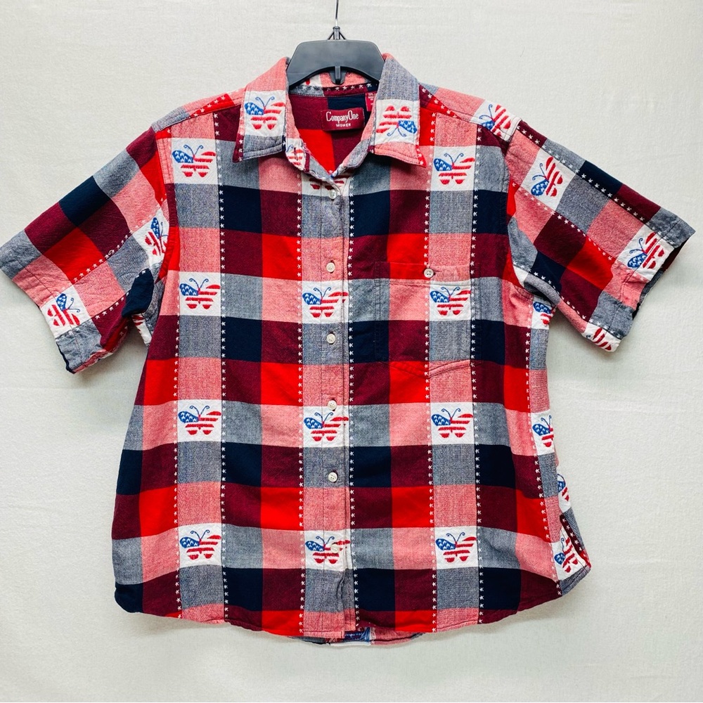 Vintage Company One Patriotic Plaid Embroidery Butterfly 1X Button Up Blouse Top